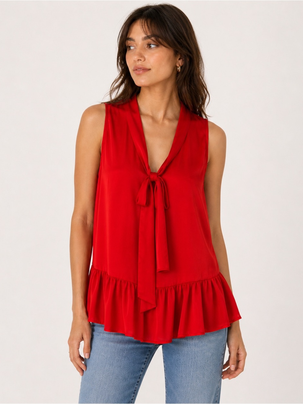 Joie 100% Silk Red Sleeveless Peplum Blouse with Bow Detail